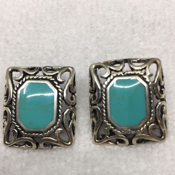 Sterling Silver 925 Mexico Chunky Faux Turquoise Dyed Howlite Pendant & Earrings - Picture 13 of 16